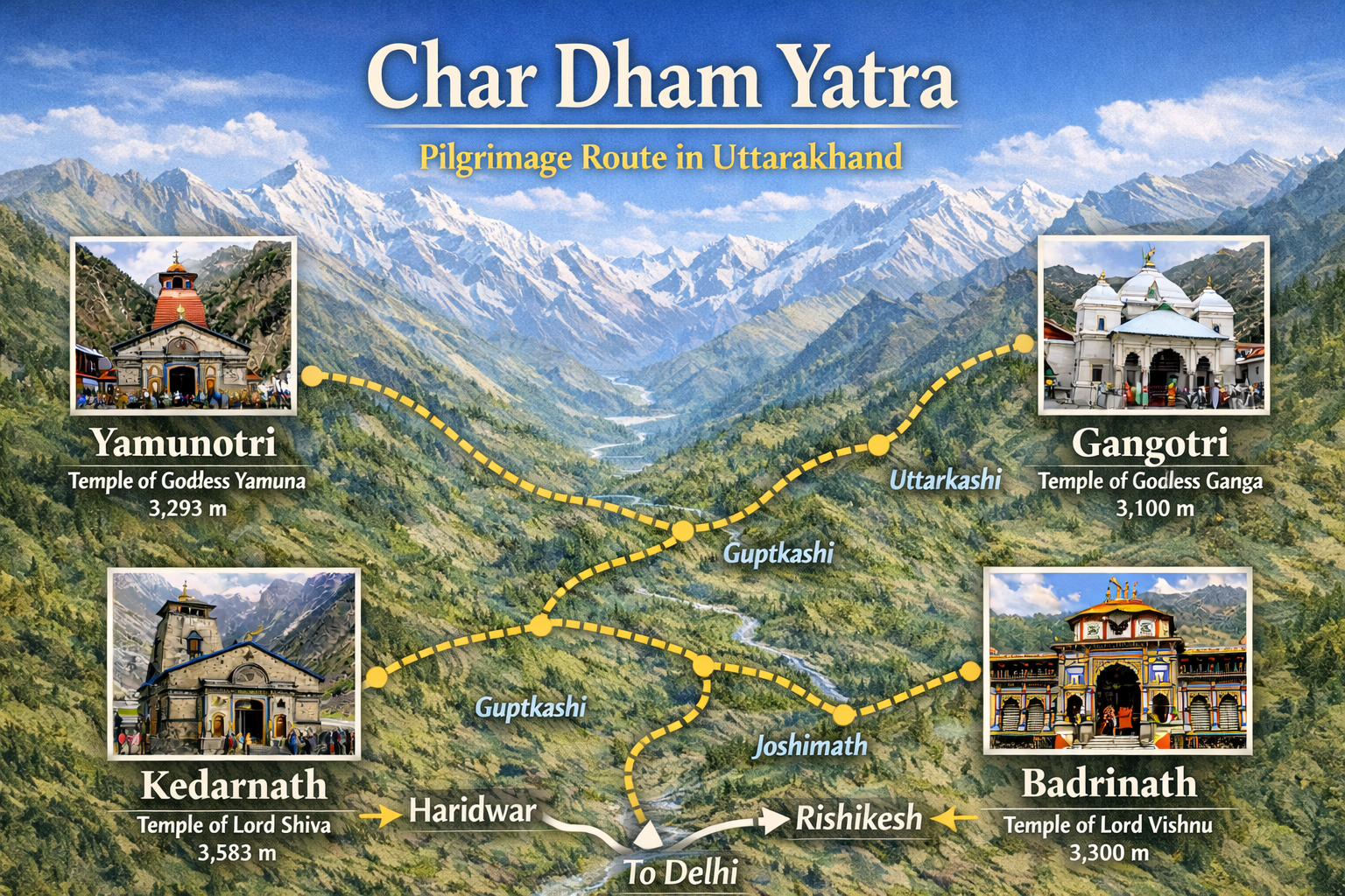 Char Dham Yatra route map showing Yamunotri Gangotri Kedarnath and Badrinath from Delhi