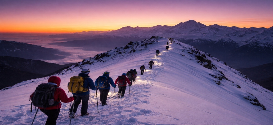 Trekkers climbing Kedarkantha summit ridge before sunrise in the Himalayas